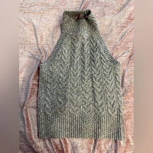 Gray Cable Knit Turtleneck Halter Sweater